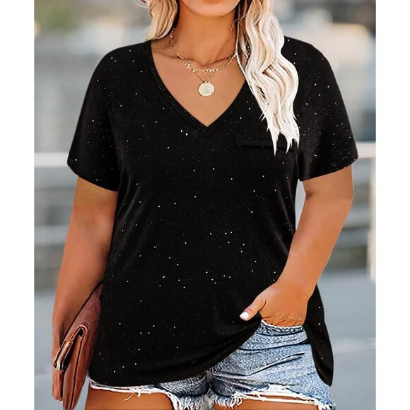 Plus Size Womens Summer V-Neck Tops Short Sleeve Glitter Casual T-Shirt - Picture 4 of 4